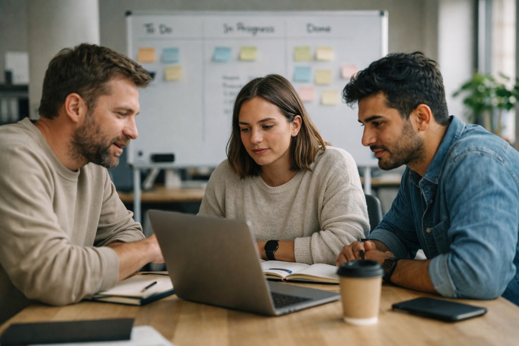 Team planning tasks together around a table